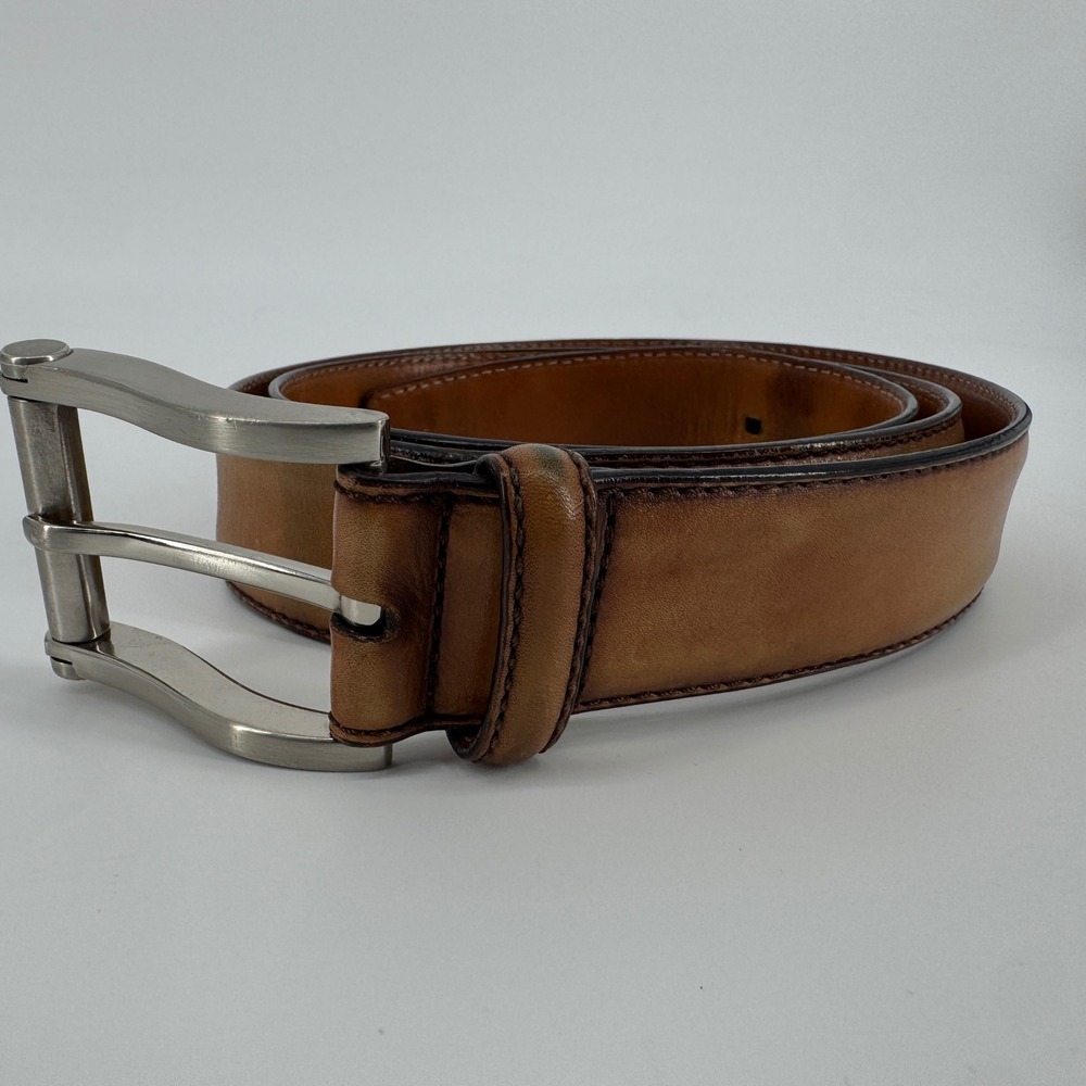 Magnanni Mens 1121 Brown Leather Belt Size 38 Made in Spain Silver Buckle